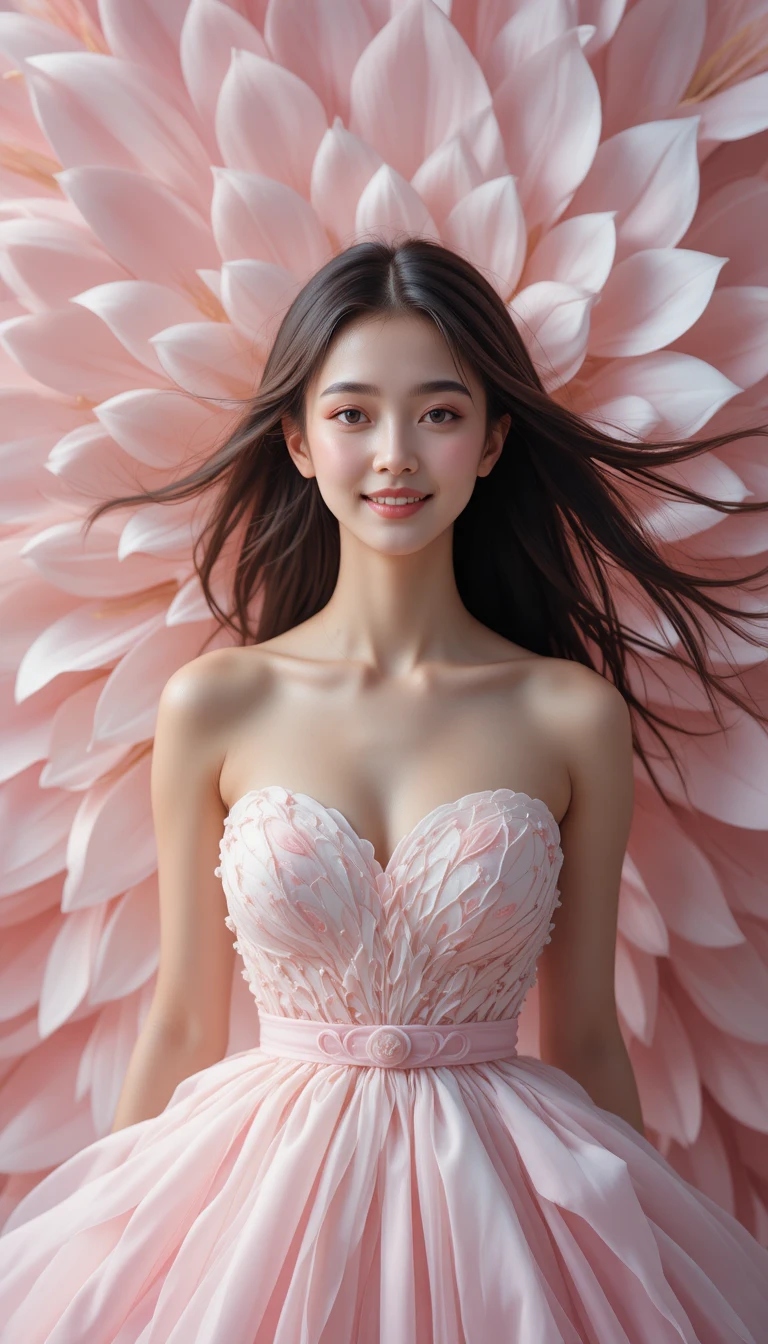 Mulher sorridente em vestido floral esvoaçante branco e rosa