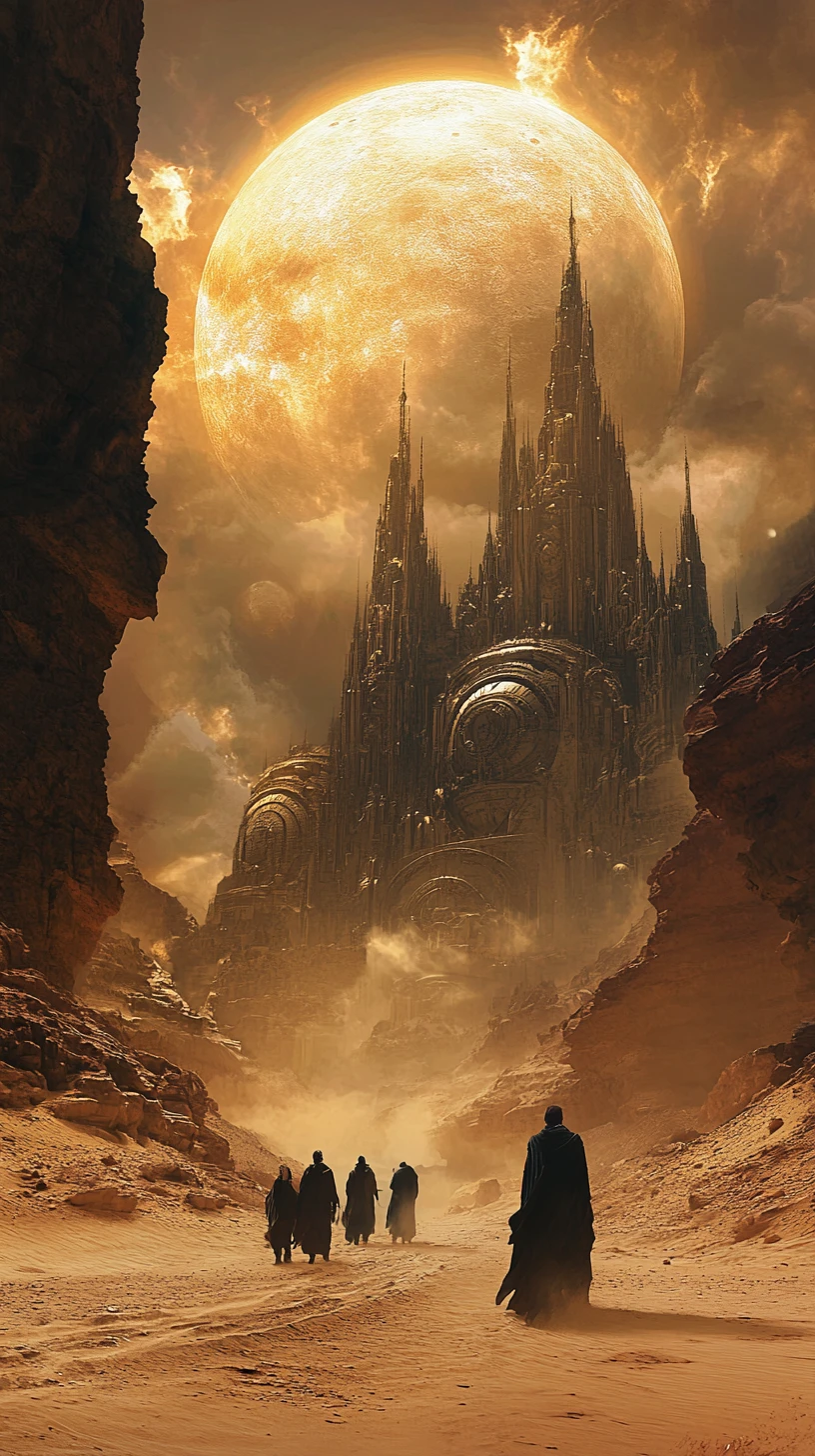 Robed figures approach an ancient desert city under moonlight