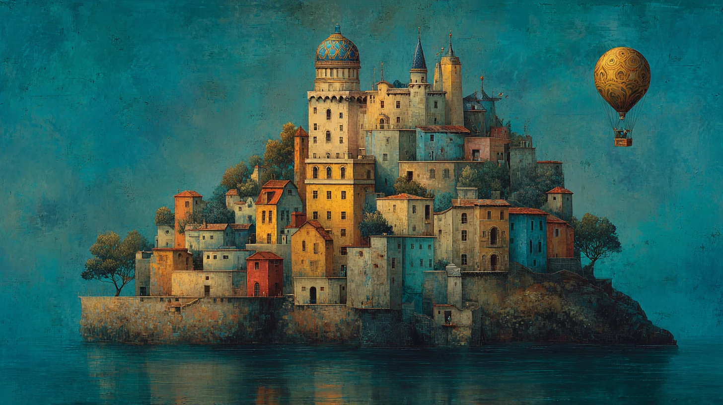Ilha de fantasia surreal com um castelo mágico luminoso