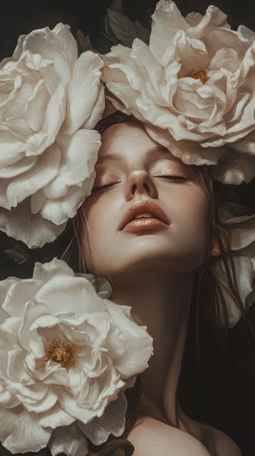 Retrato em close-up de uma mulher com rosas brancas