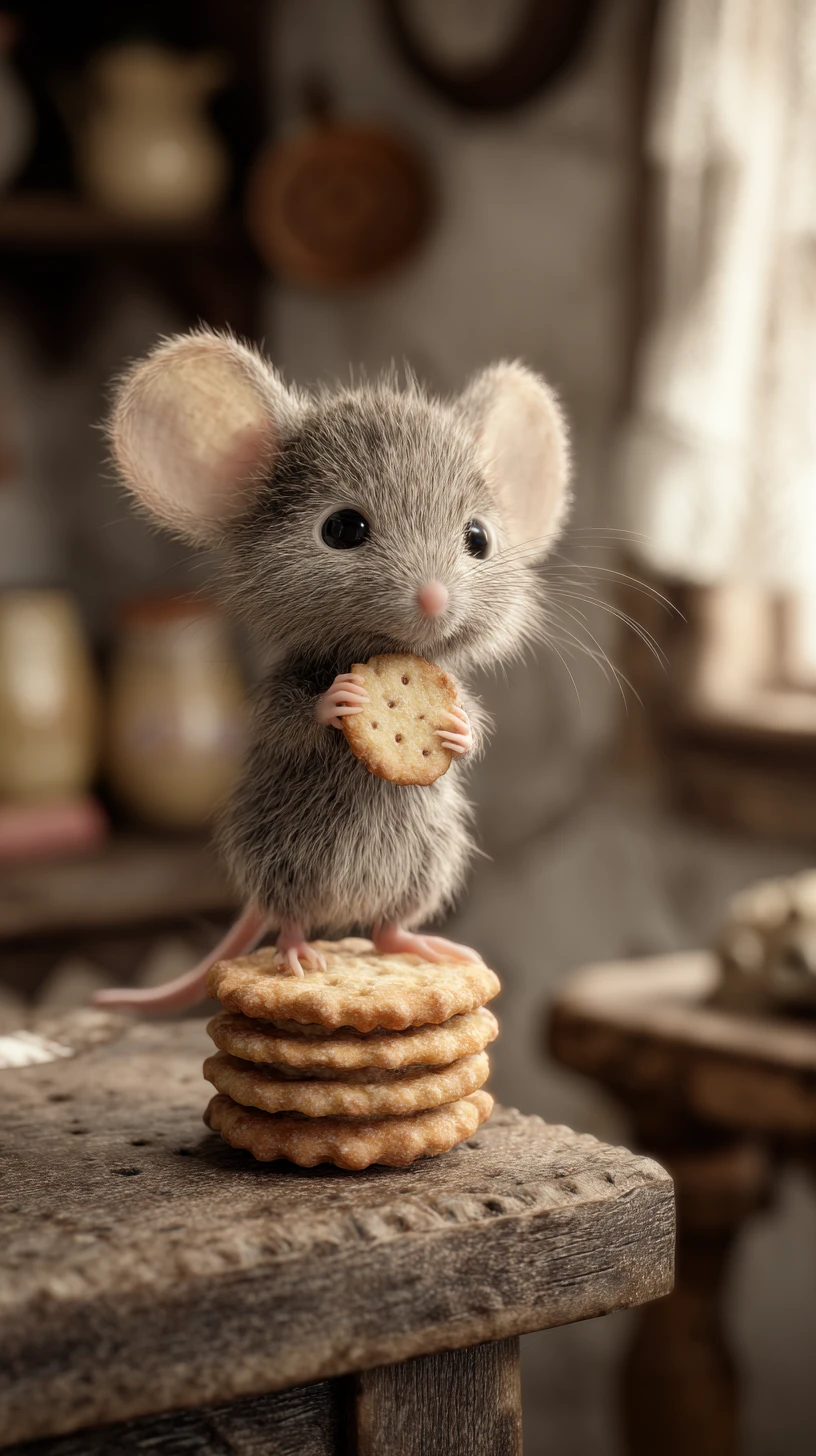 Ratinho fofo roubando um biscoito em uma velha mesa de madeira