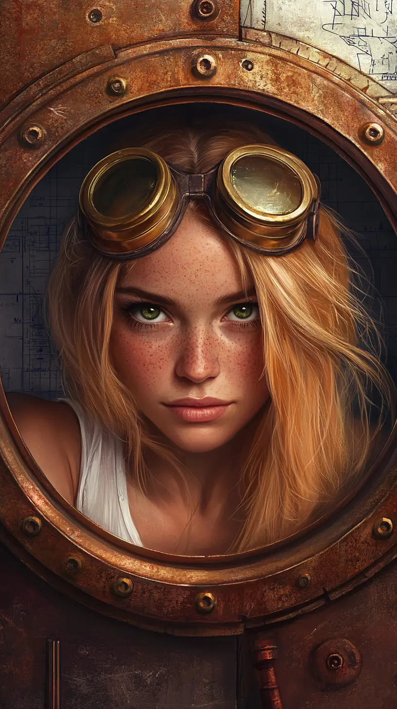 Neugieriges blondes Mädchen mit Schutzbrille am Steampunk-Bullauge