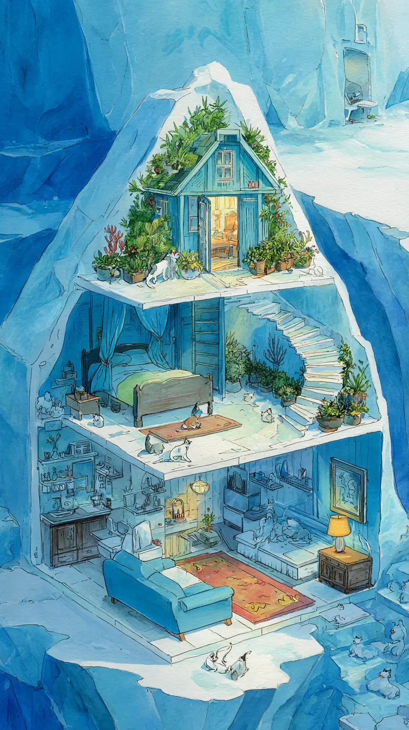 Maison de glace fantasy chaleureuse avec jardin sur le toit et chatons