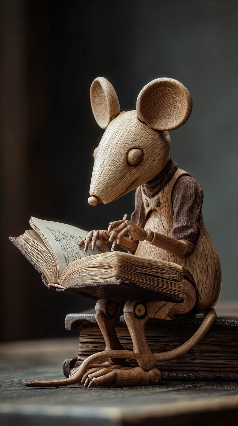 Estatueta de rato de madeira lendo um livro na mesa
