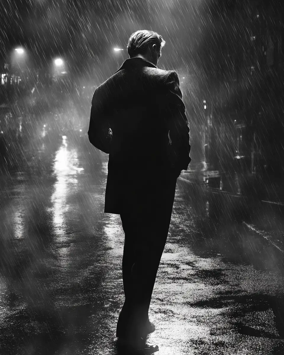 Lonely man standing in rain on empty city street