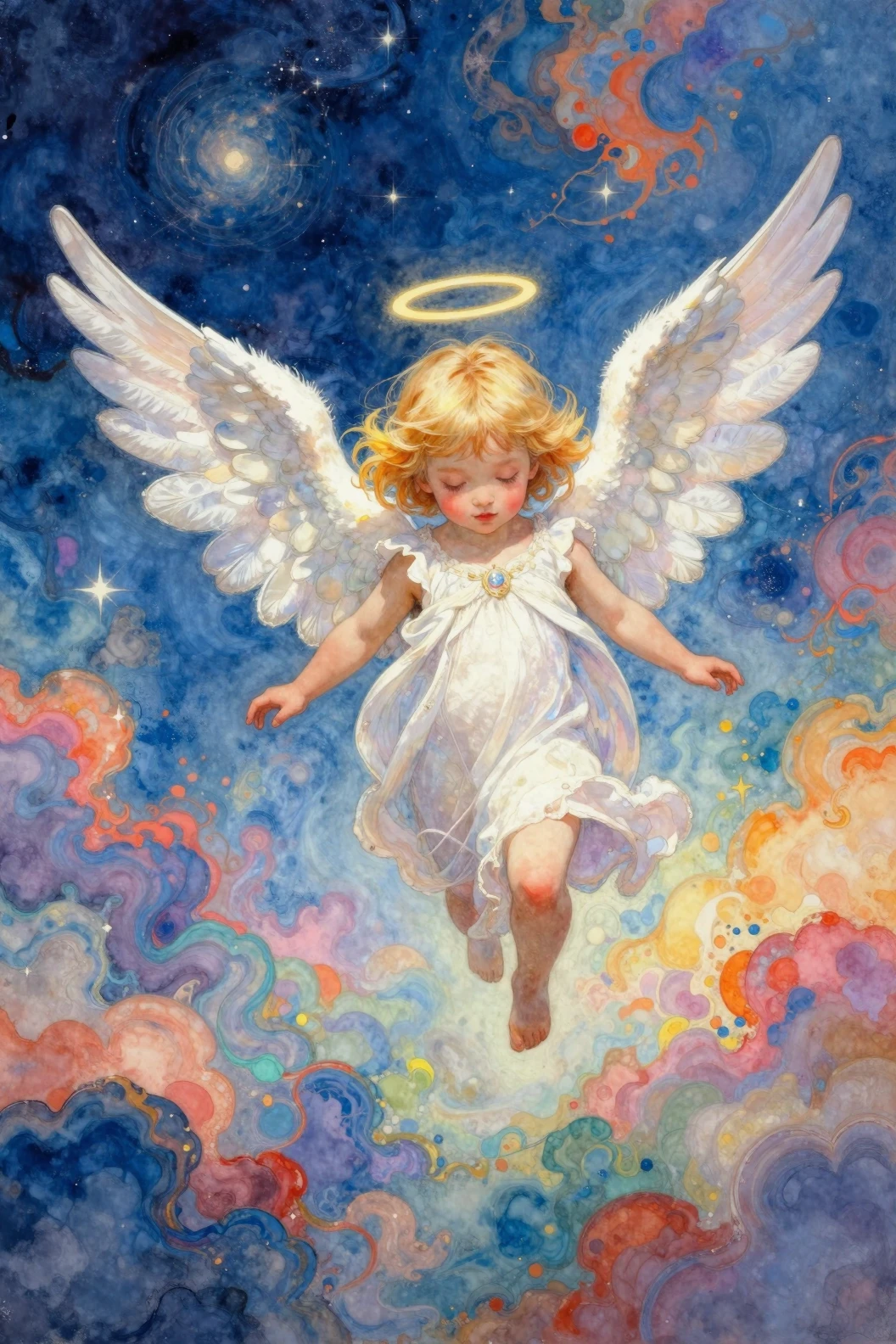 Anjo loiro fofo voando em um céu etéreo e dos sonhos