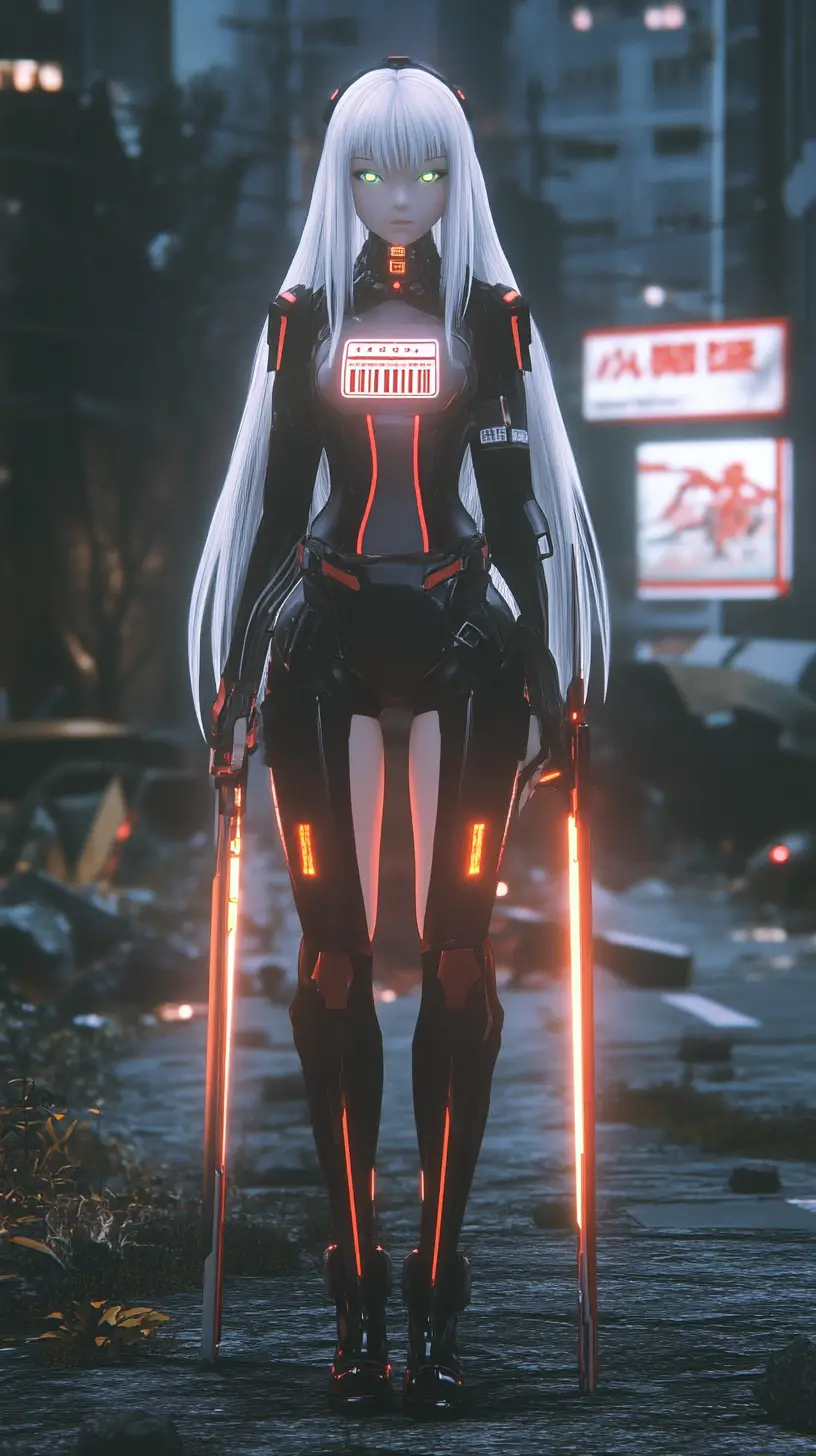 Chica de anime futurista con armadura brillante y espada