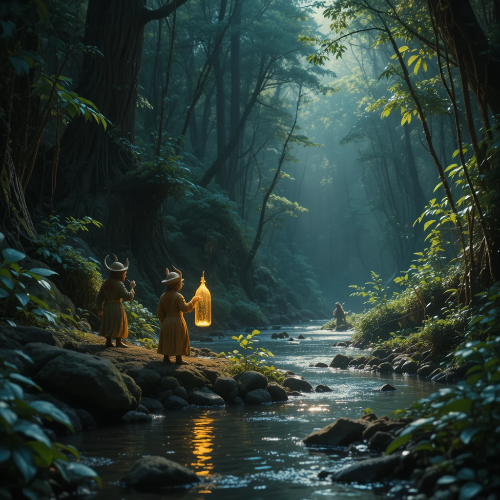Dois goblins procurando ouro em um rio mágico da floresta