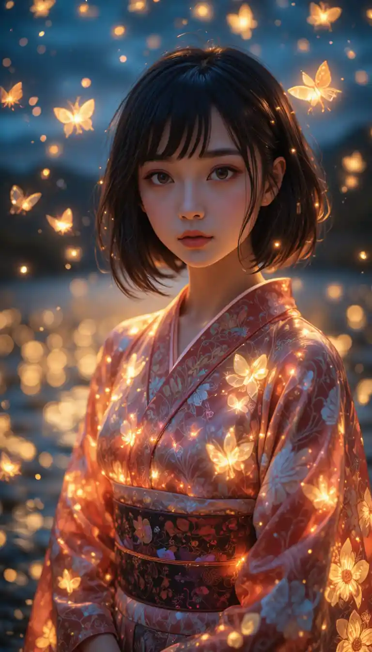 Chica japonesa con yukata holográfico junto a un lago nocturno luminoso