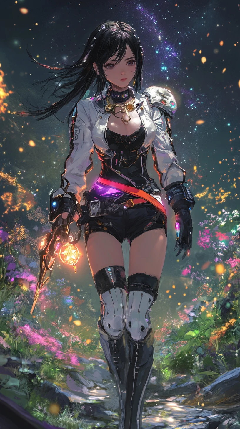 Garota de anime em armadura de escamas de dragão com espada vermelha brilhante