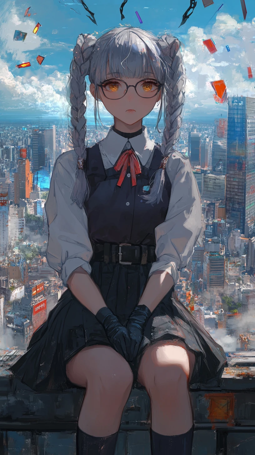 Garota de anime melancólica observando uma cidade fantástica ao amanhecer