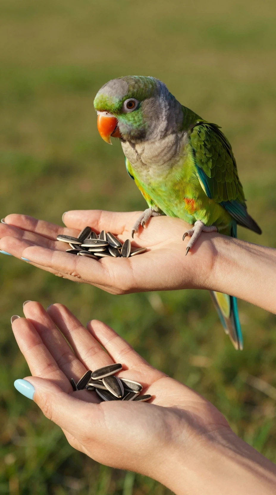 Papagaio verde comendo sementes na mão estendida de uma mulher