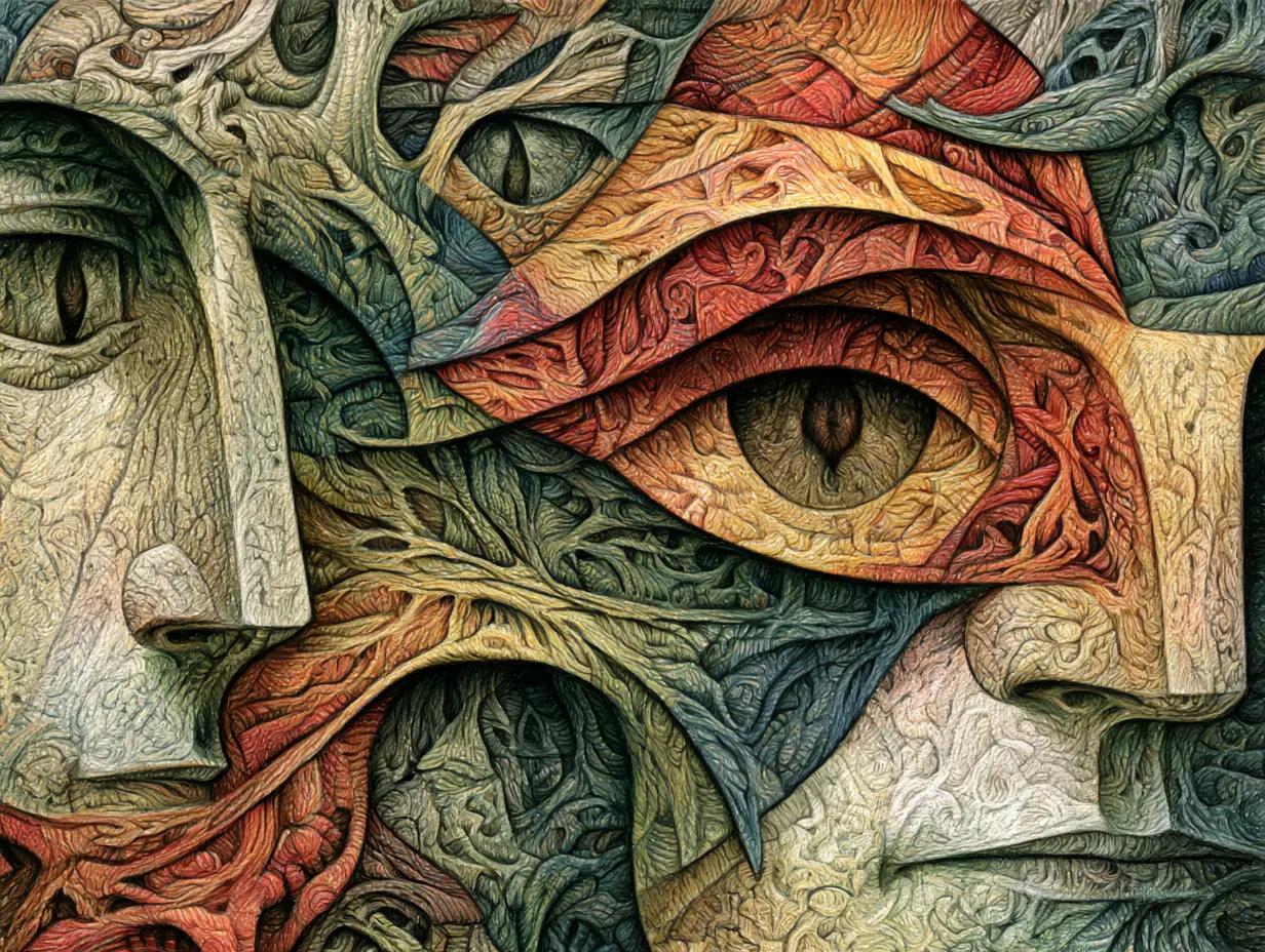 Colossal surreal human forms rising from luminous primeval mire
