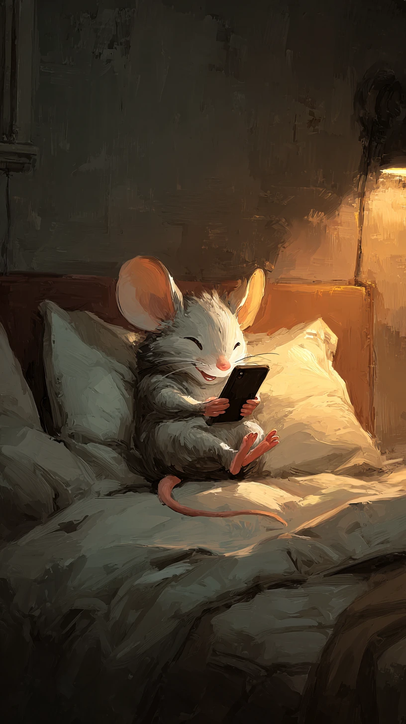 Ratinho fofo usando o celular na cama à noite