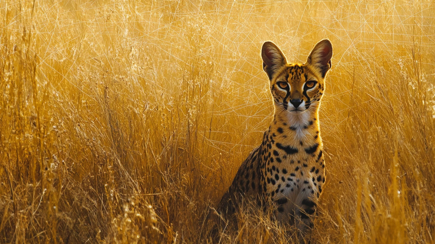 Serval debout dans les hautes herbes avec des motifs de signaux surréalistes