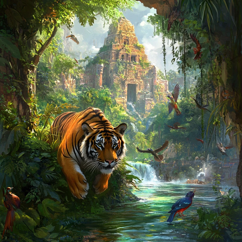 Tigre du Bengale dans une ancienne métropole enfouie dans la jungle