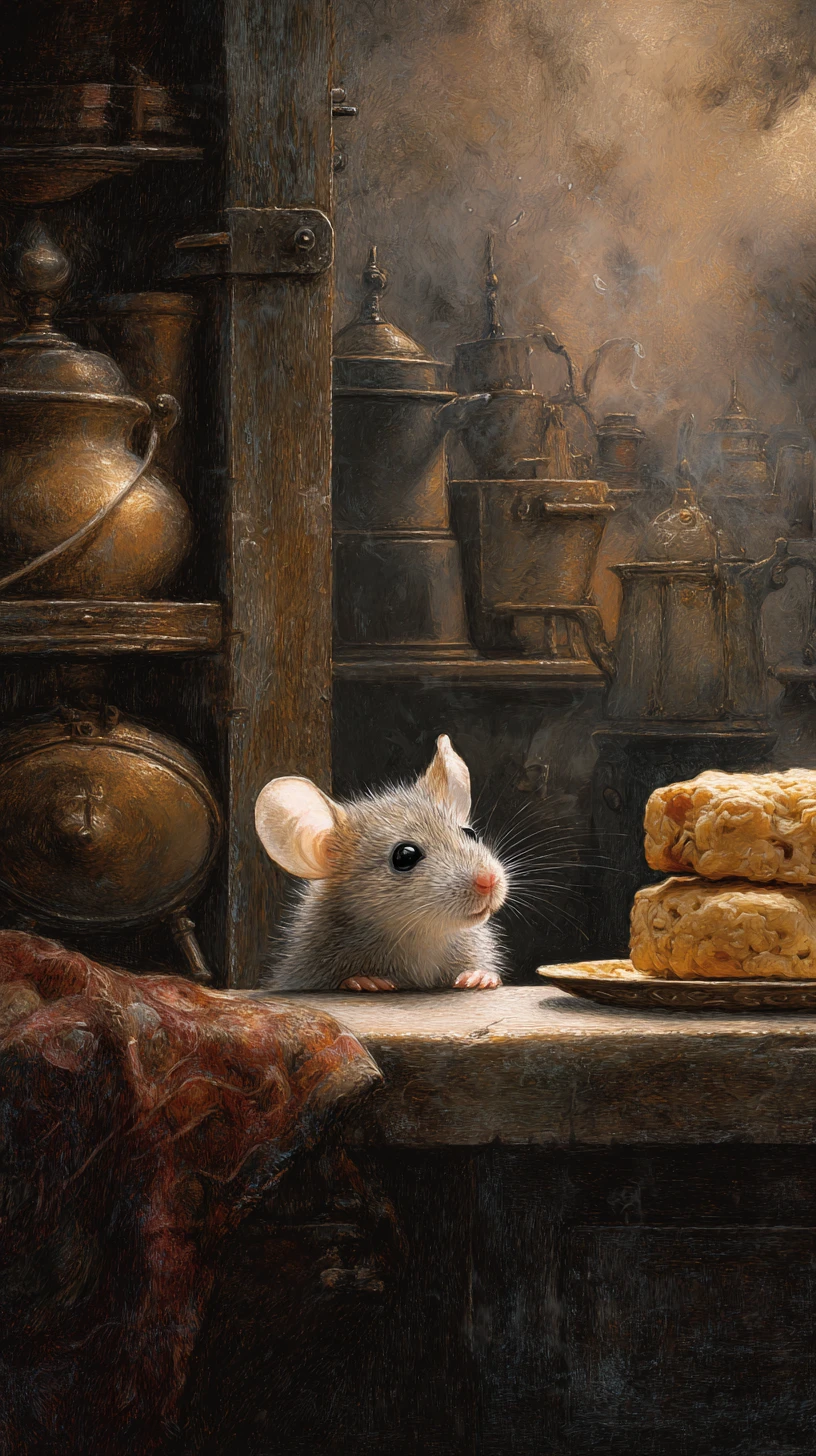 Ratinho fofo roubando biscoito na mesa de madeira da cozinha