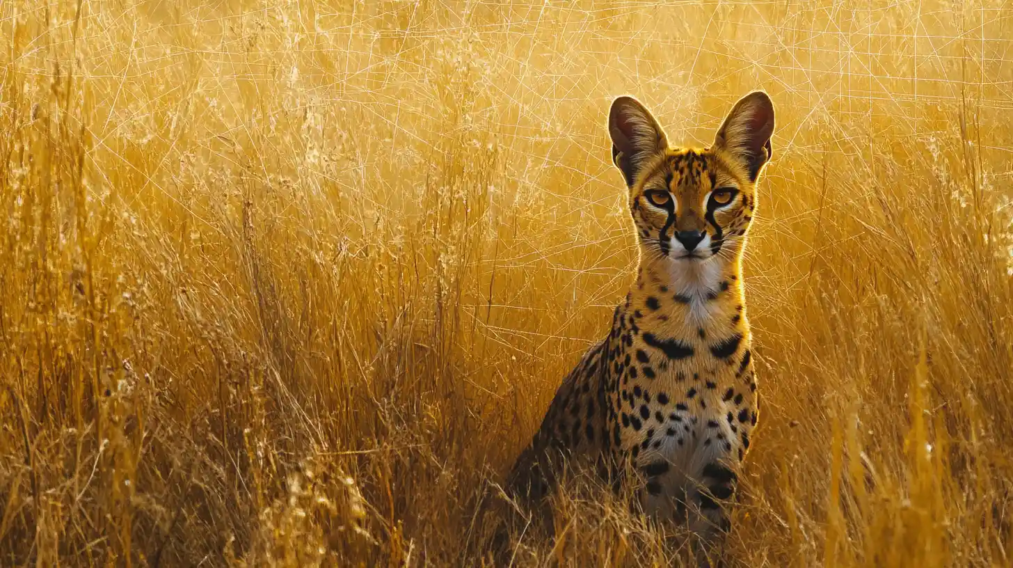 Serval debout dans les hautes herbes avec des motifs de signaux surréalistes