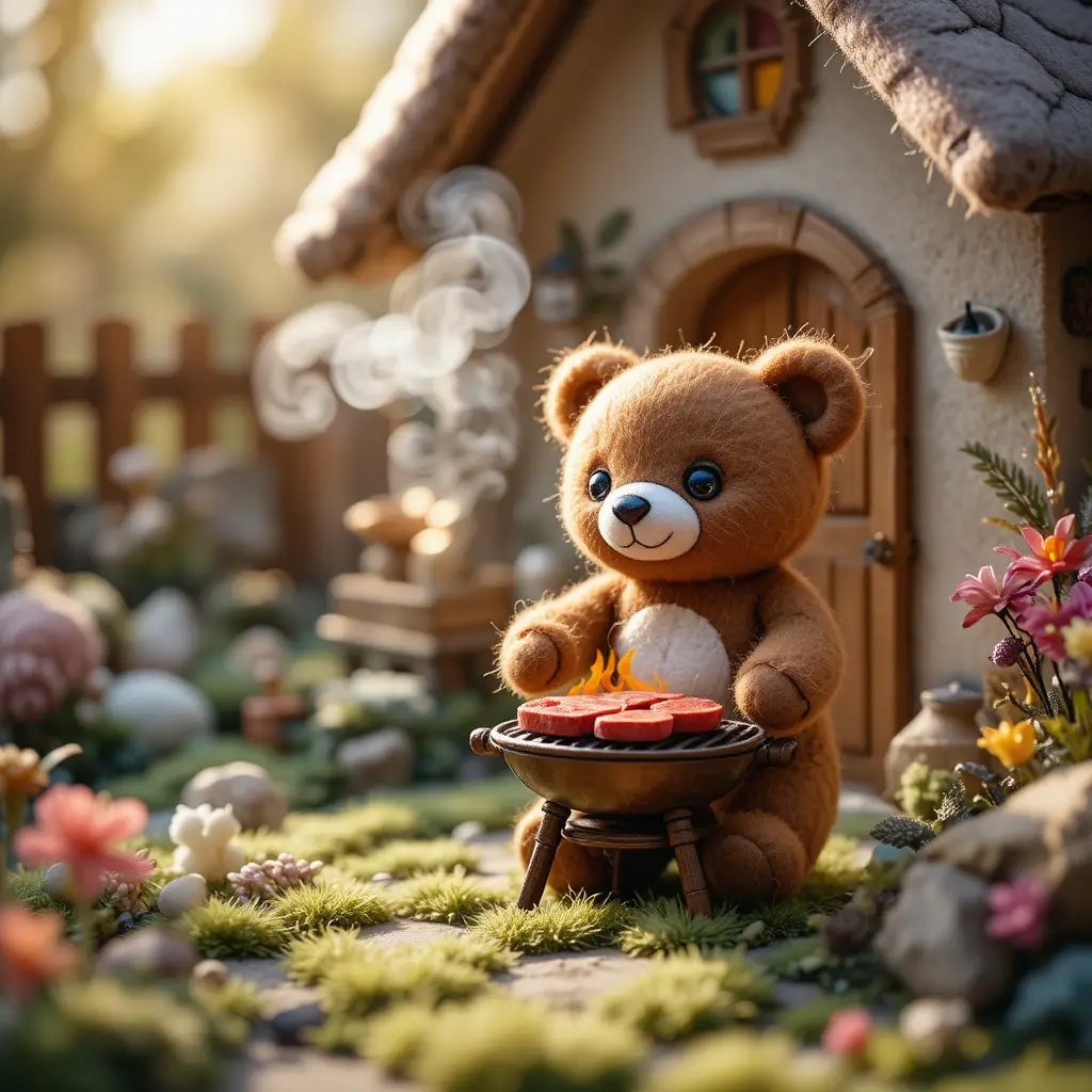 Felt Teddy Bear Grilling In A Cozy Storybook Backyard