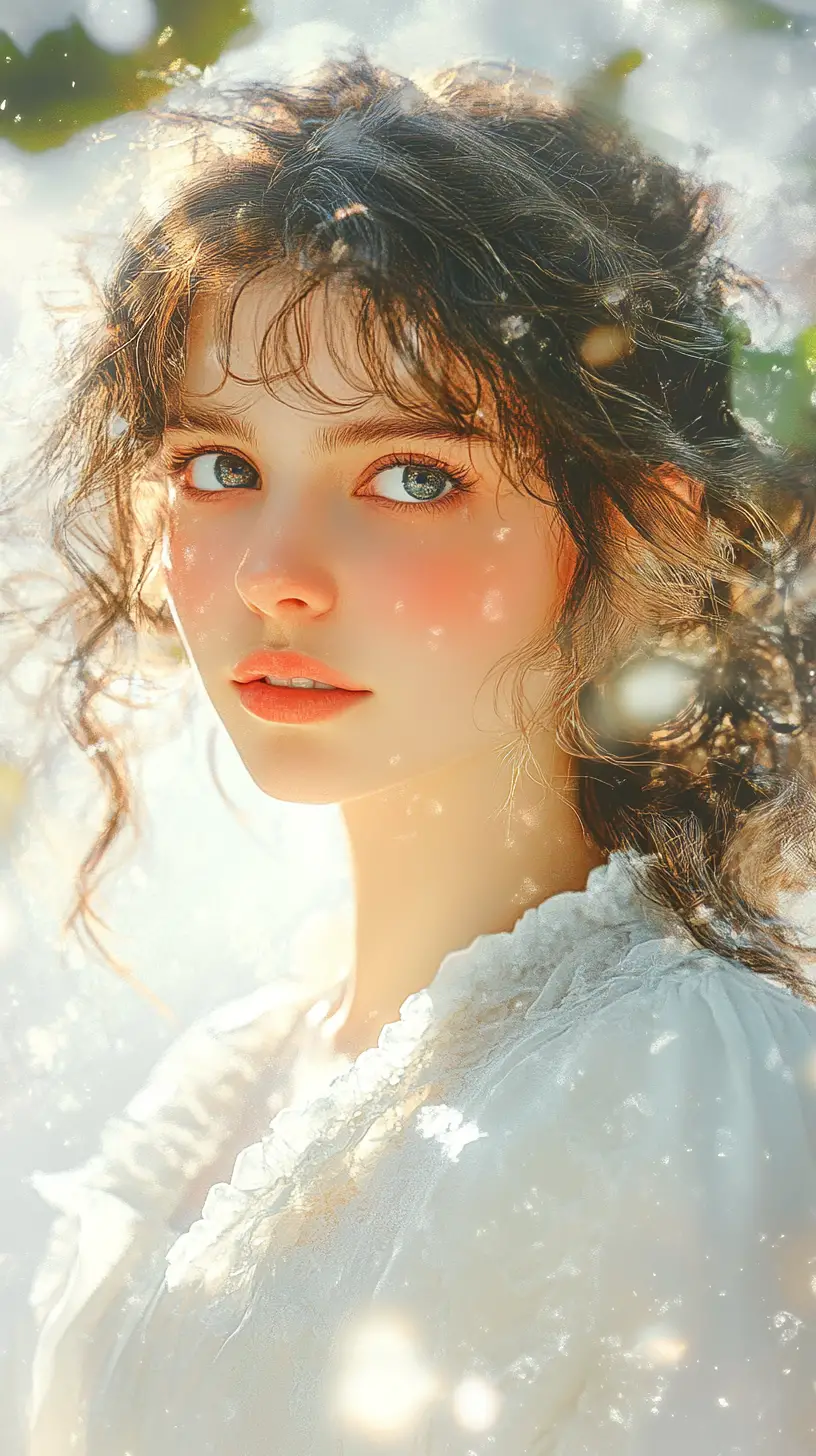 Jeune femme éthérée en blanc fluide aux cheveux lumineux