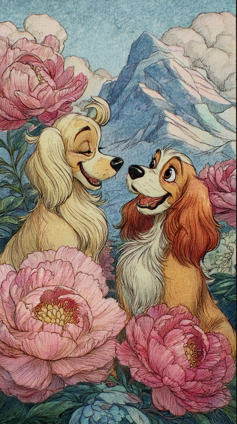 Cães românticos em um campo de peônias – ilustração de fantasia