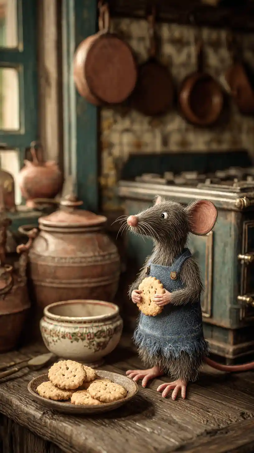 Cute little mouse stealing a cookie in an old kitchen
