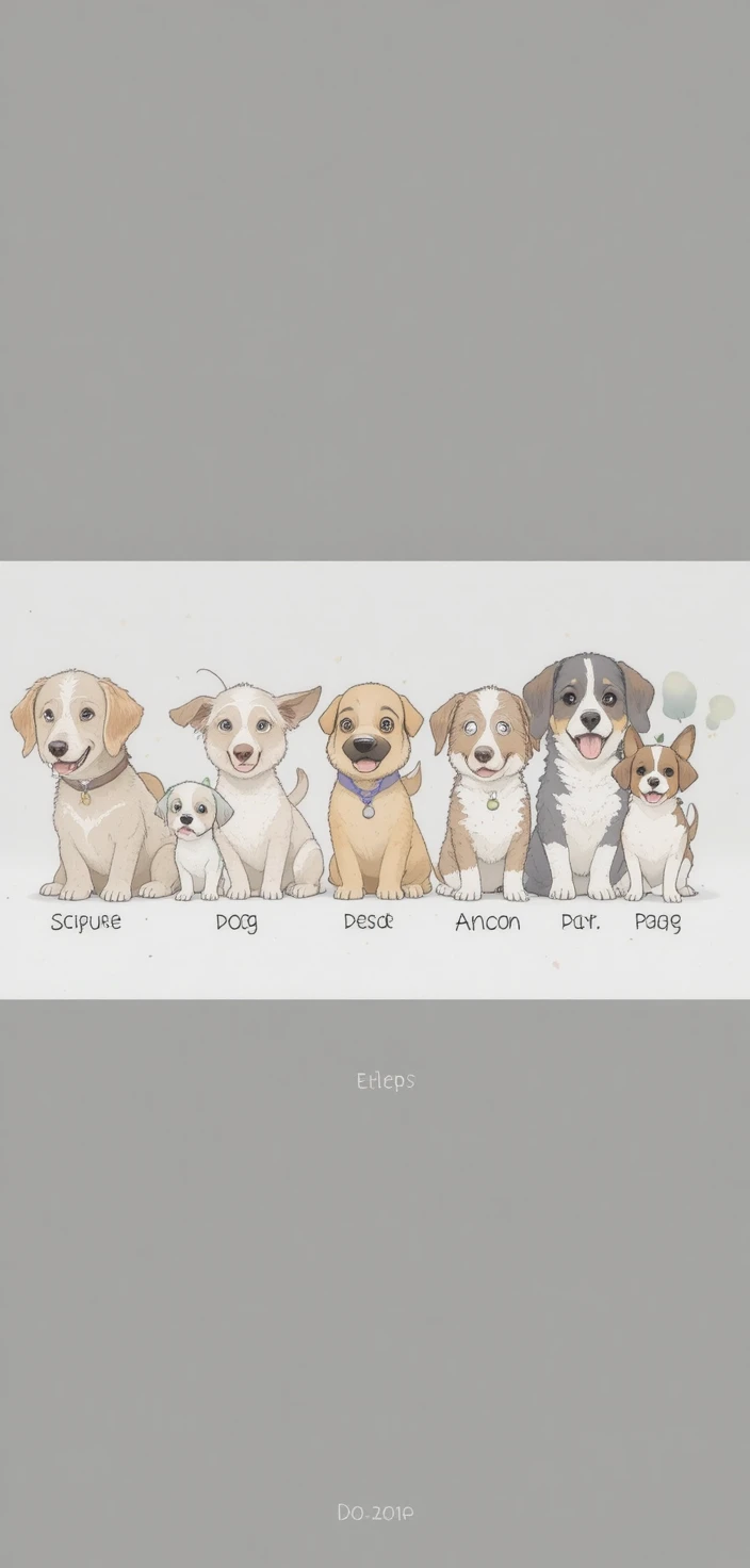 Linha fofa em estilo cartoon com doze raças de cães diferentes