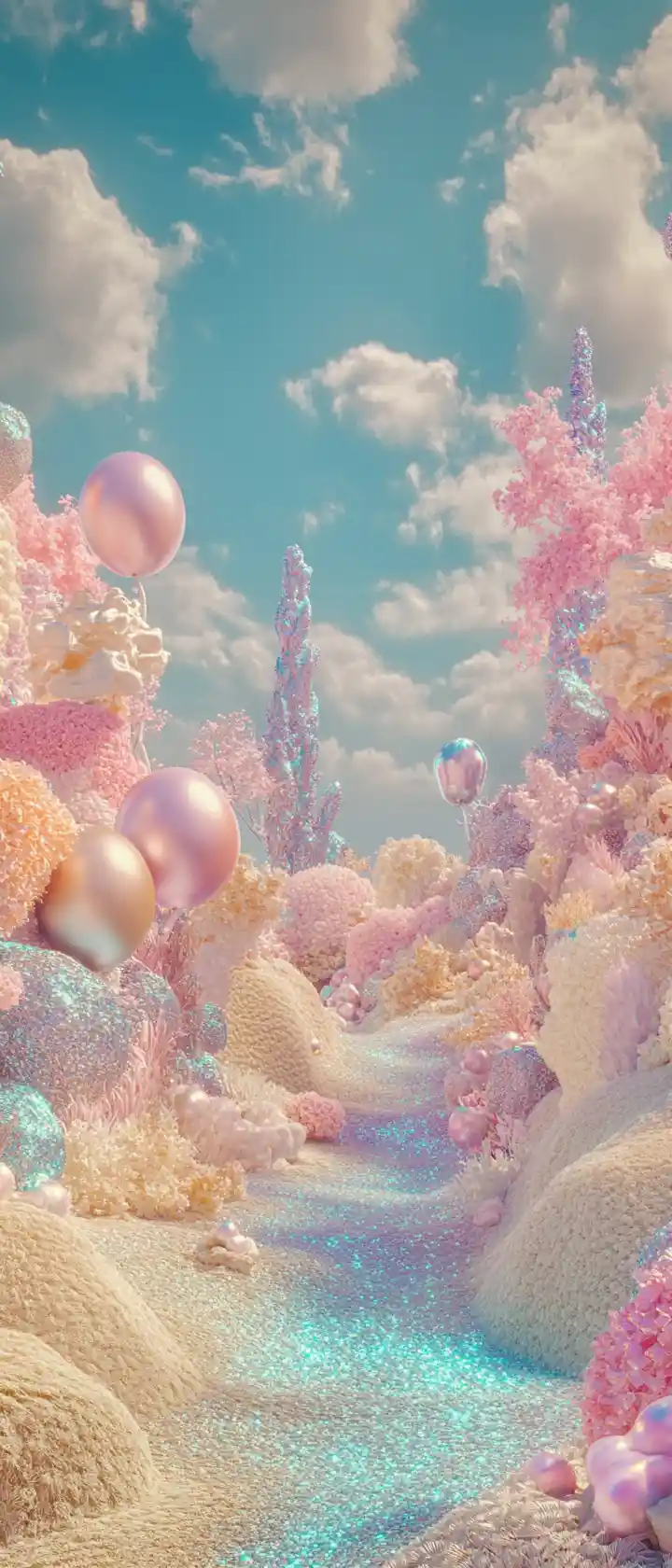 Surreal pastel landscape with cheerful whimsical atmosphere