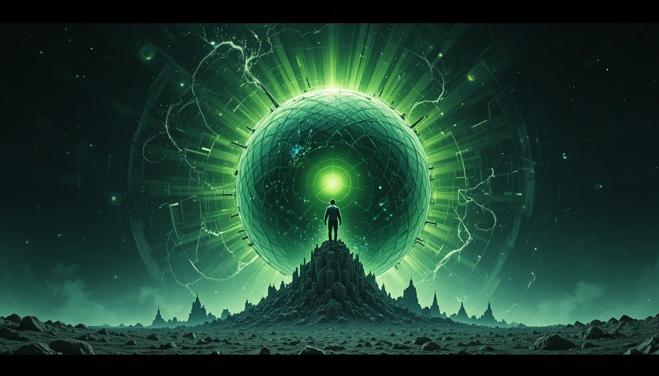 Esfera verde brilhante do mal flutuando pelo espaço profundo
