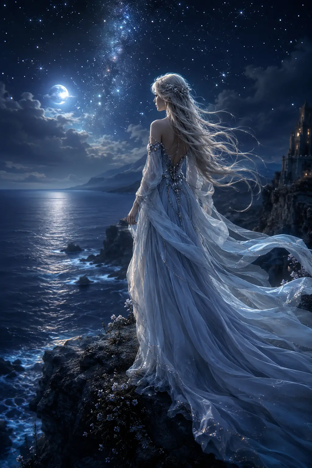 Ethereal woman on cliff under a glowing starry sky