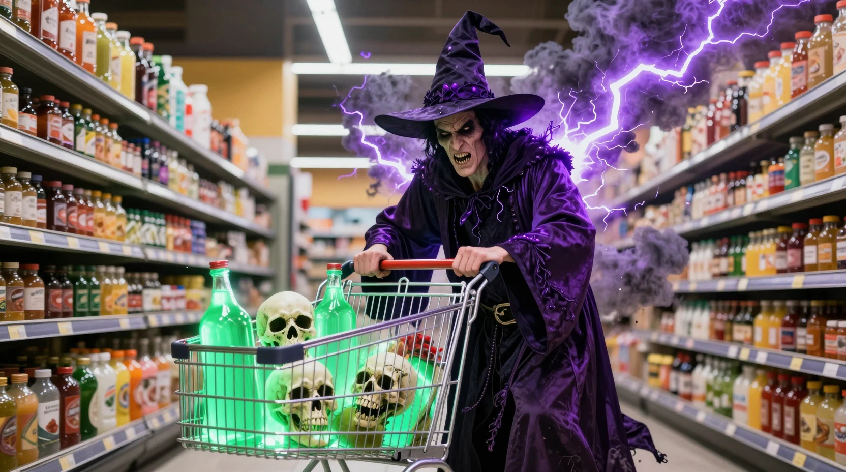 Mago das trevas comprando poções em um supermercado iluminado
