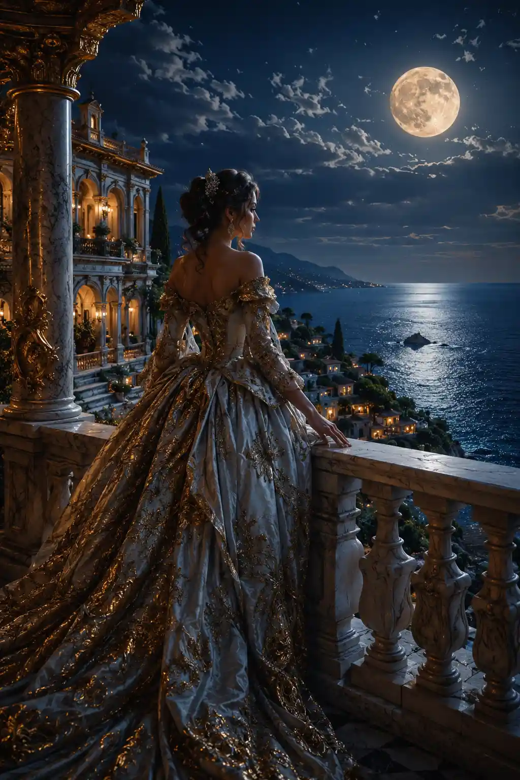 Elegante Frau auf Balkon mit Blick auf den mondbeschienenen Ozean
