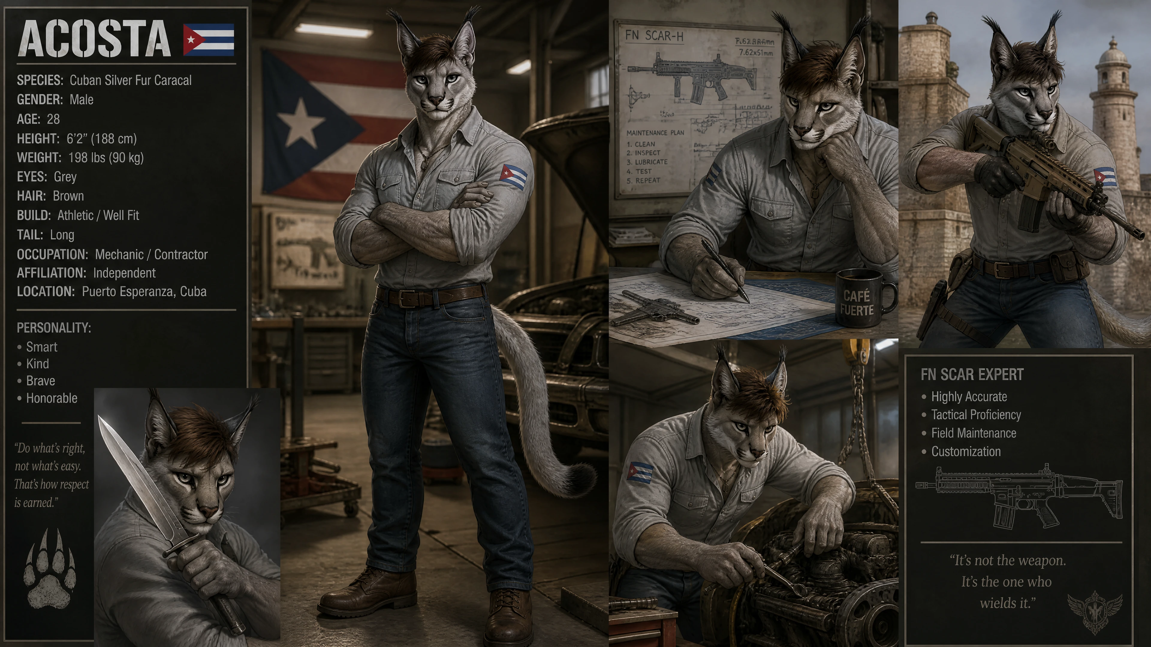 Caracal macho cubano antropomórfico com rifle e faca Bowie