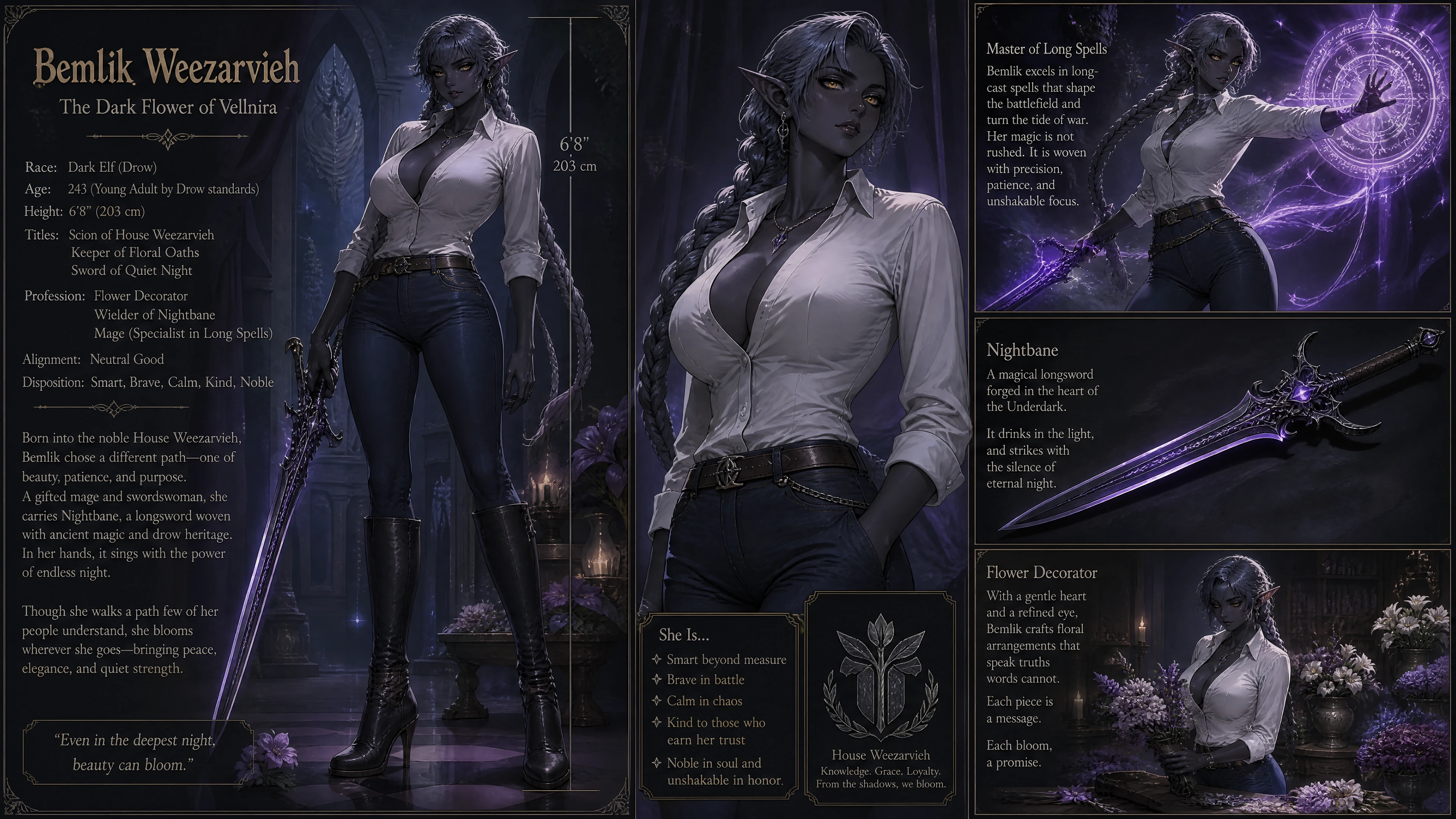 Alta elfa oscura con spada magica e outfit casual