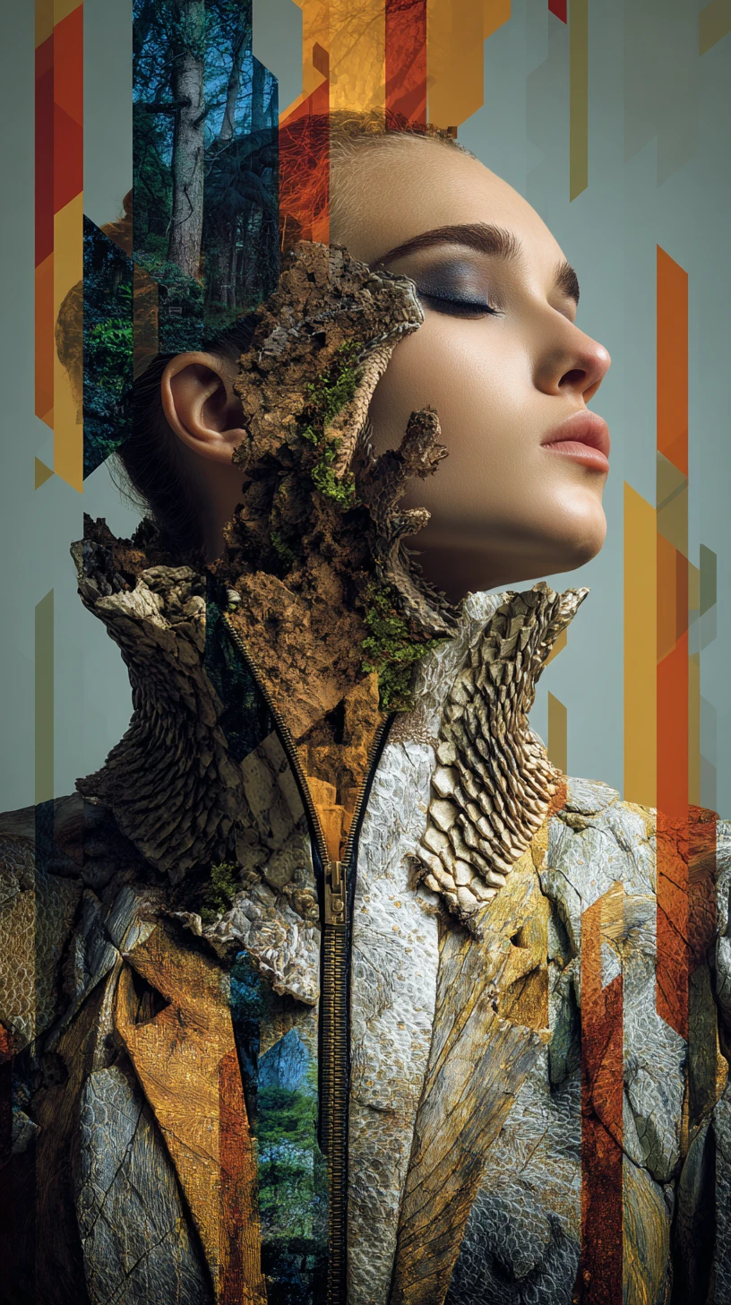 Retrato surreal de moda de uma mulher se abrindo em um bosque