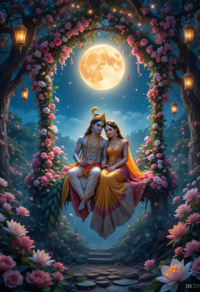Radha e Krishna em um balanço de flores sob a lua cheia