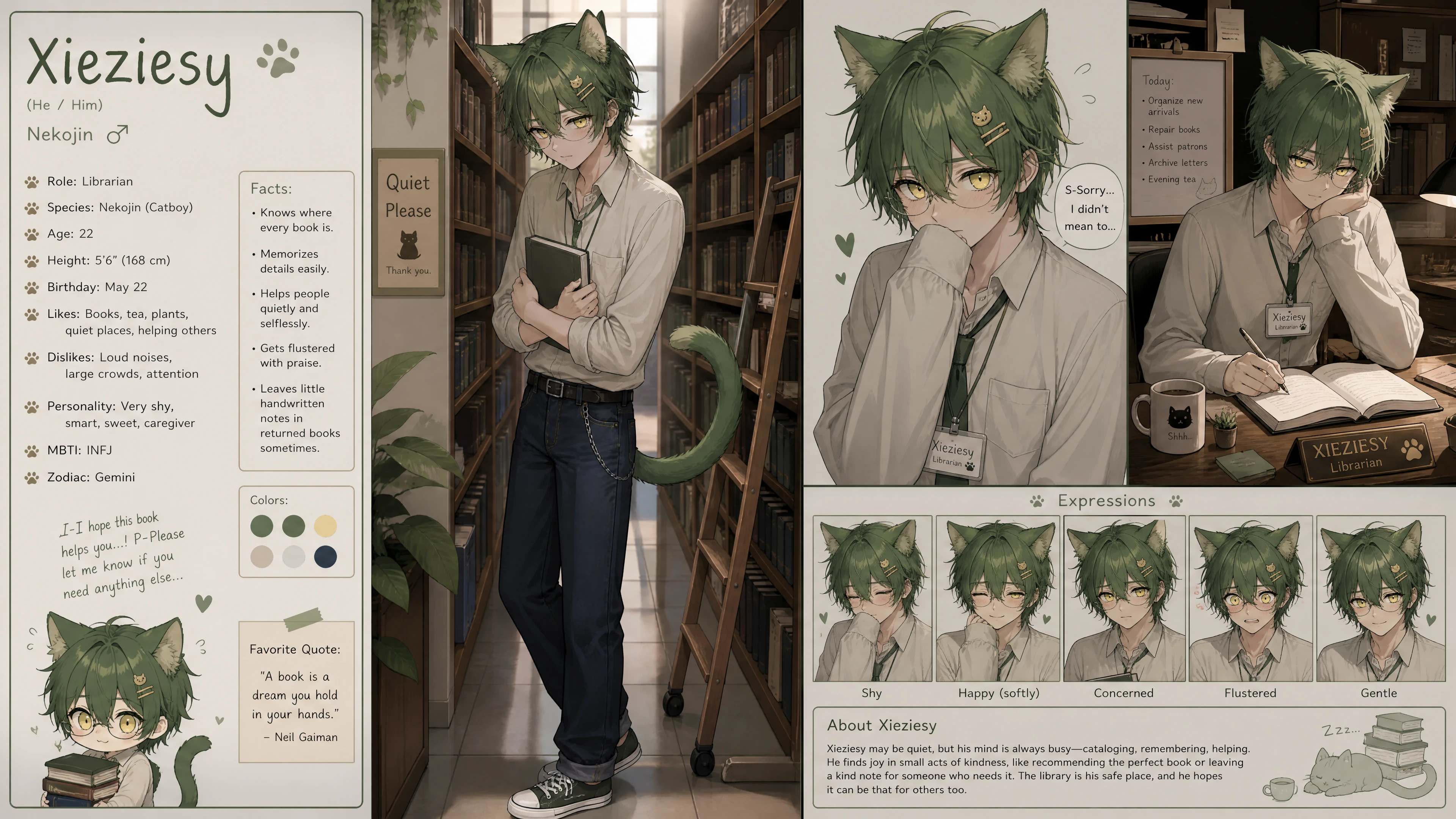 Bibliotecário garoto-gato tímido de cabelo verde em roupas casuais