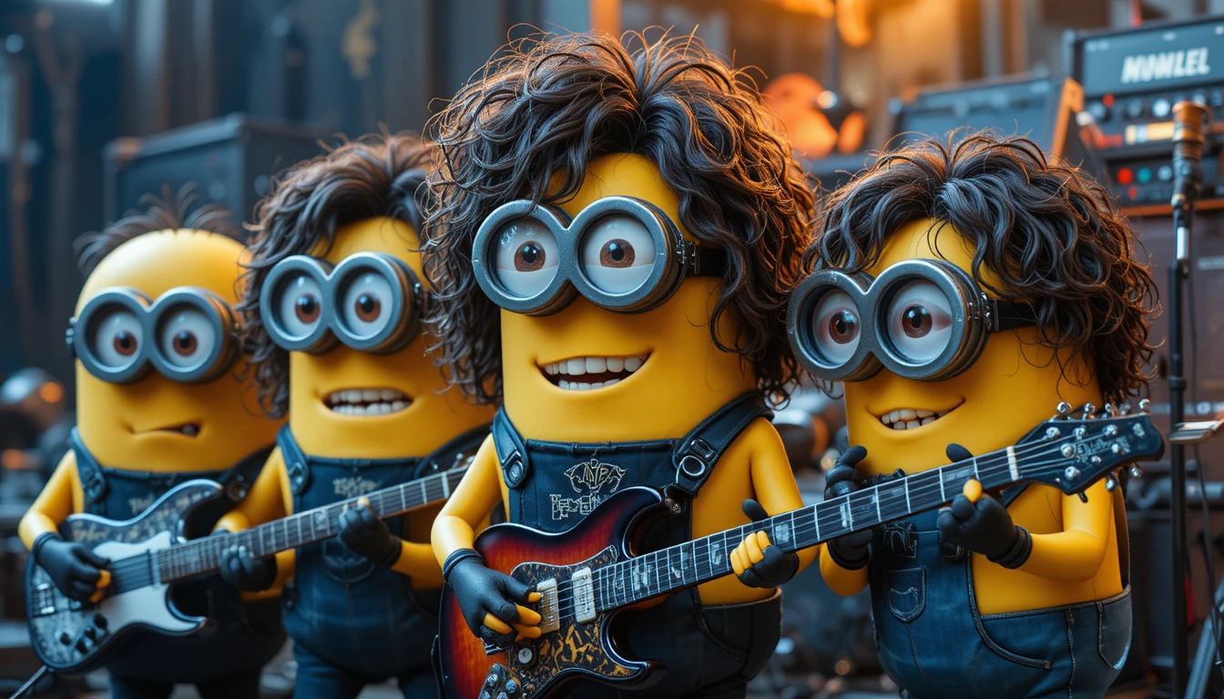 Cartoon rock monsters playing heavy metal on electric guitars
