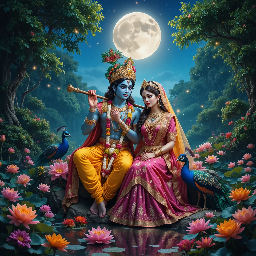 Casal divino em jardim ao luar com flores e pavões