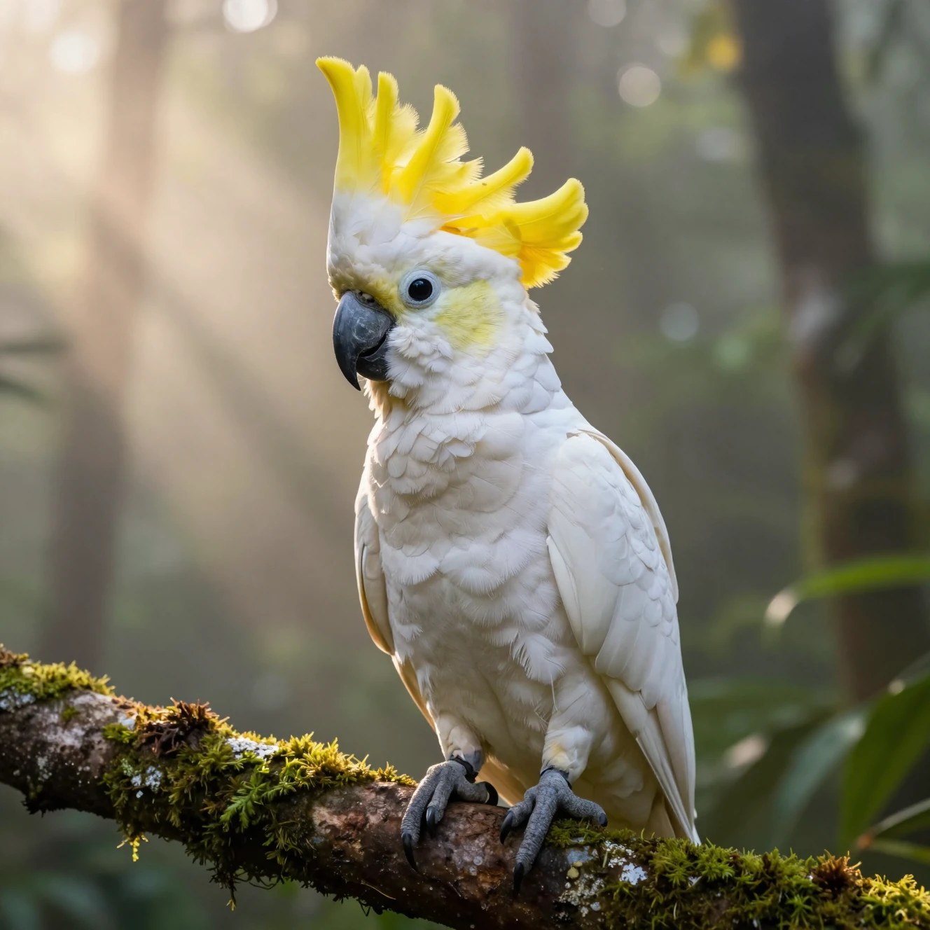 Sulphur crested cockatoo on mossy rainforest branch at dawn