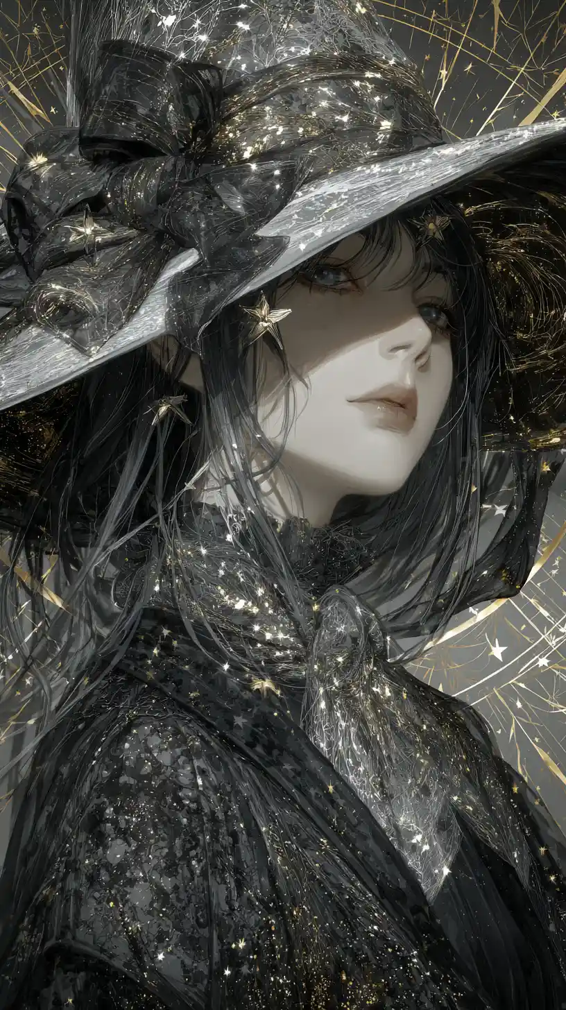 Mystical anime witch in luxurious celestial streetwear