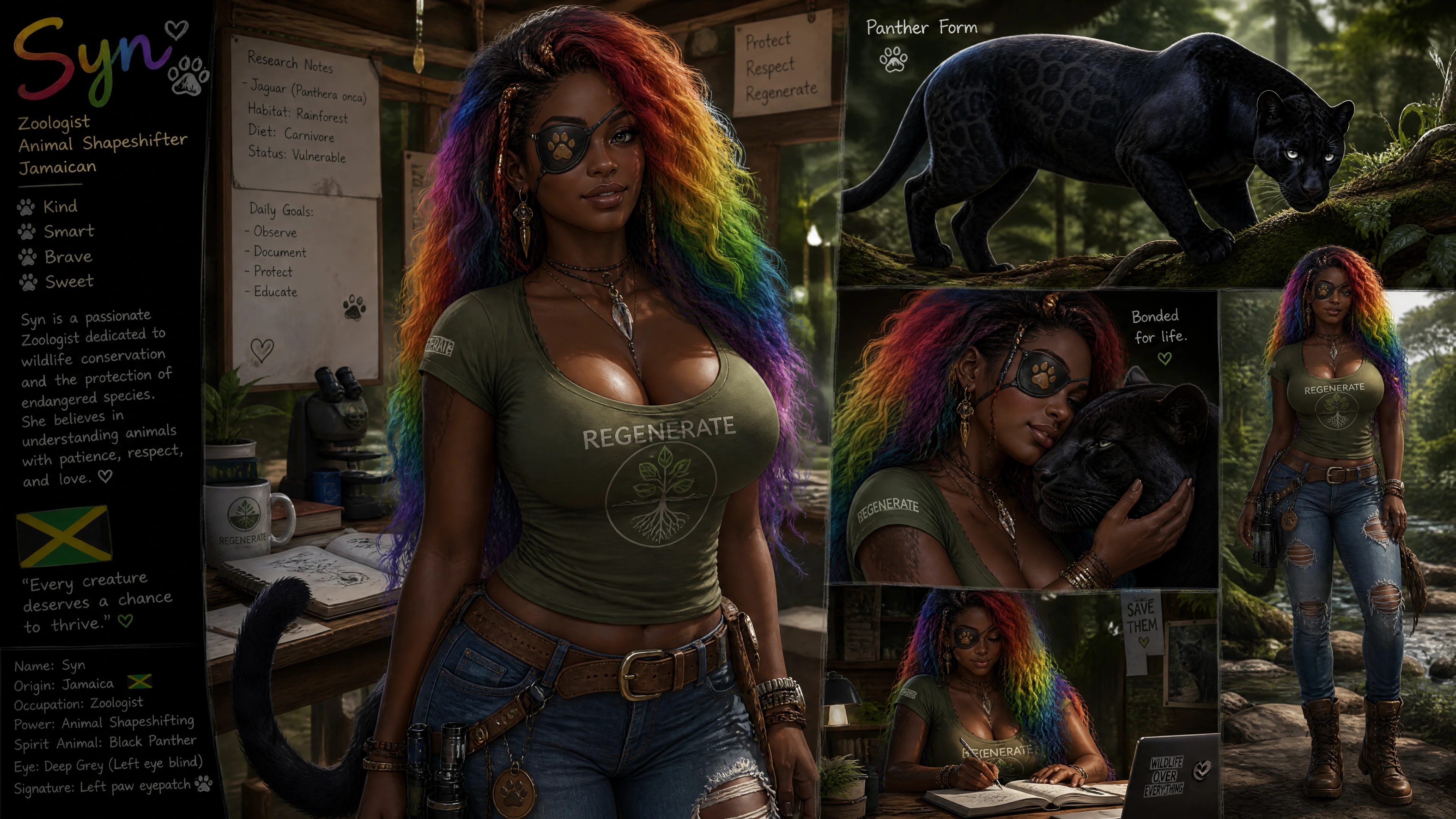 Coraggiosa mutaforma giamaicana con capelli arcobaleno e benda sull’occhio