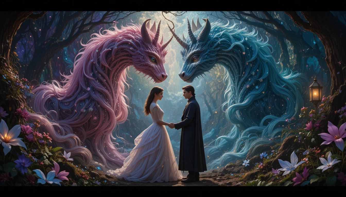 Coppia di unicorni magici che protegge un pacifico regno fantasy