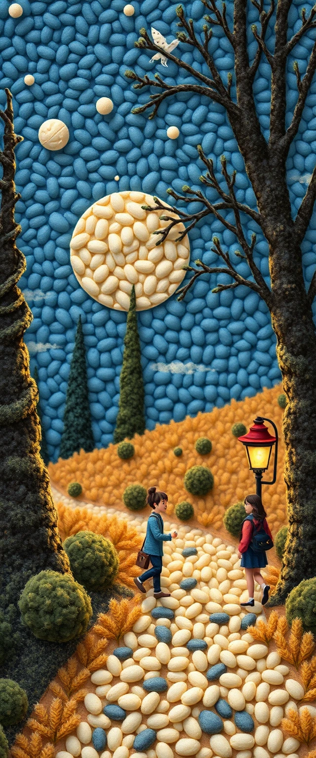 Illustrazione digitale colorata di un paesaggio in miniatura di peluche