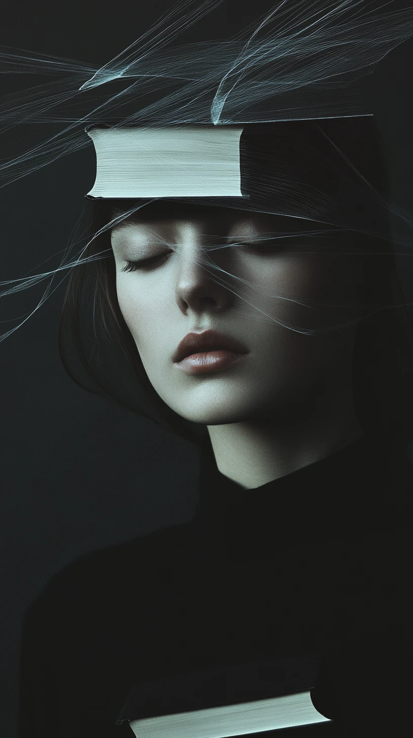 Portrait de mode minimaliste avec livres flottants et fils de lumière