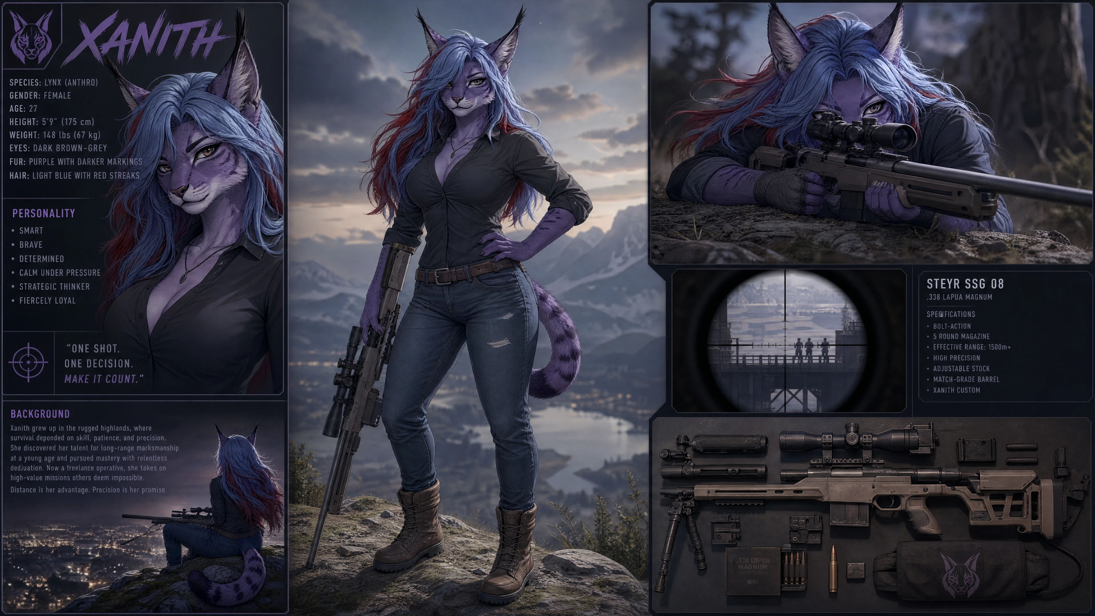 Atiradora de elite lince roxa antropomórfica em roupas casuais com rifle