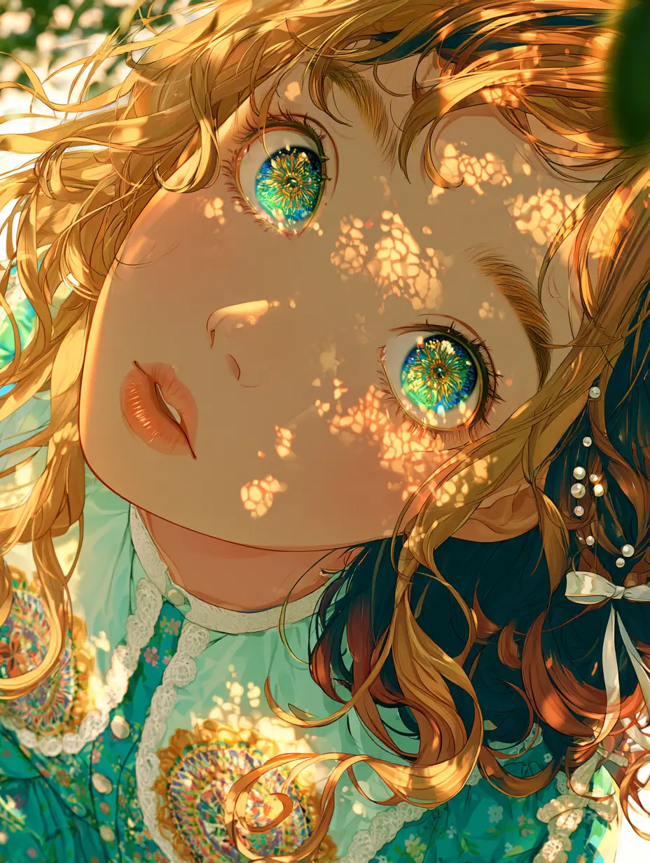 金色森林陽光下的動漫少女特寫