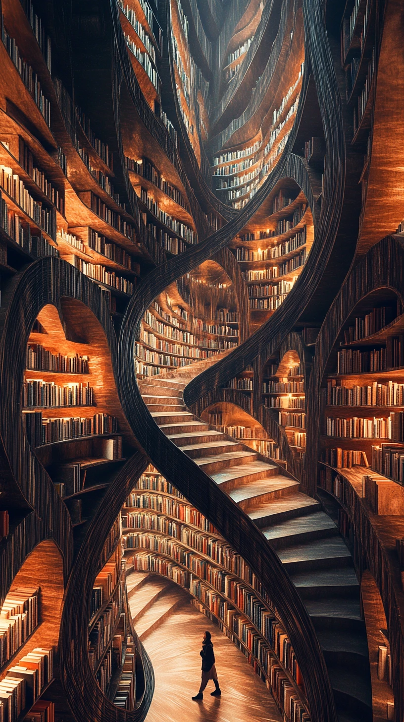 Surreal book pathway winding through space with lone figure