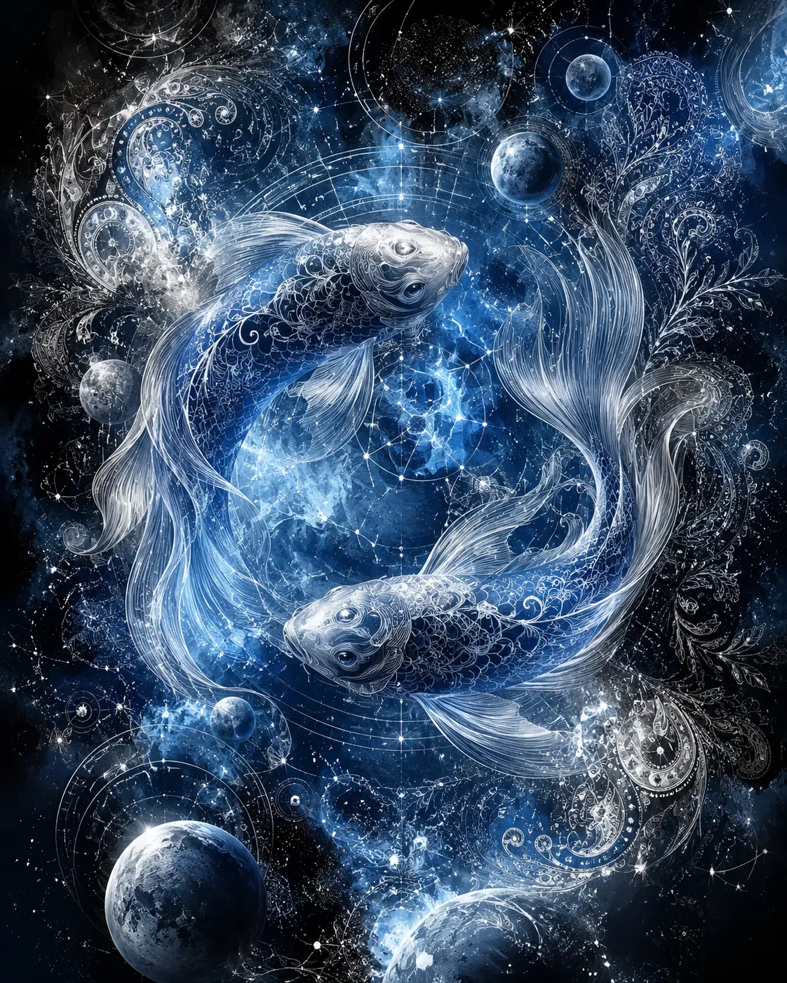 宇宙中兩條發光星座魚的藝術插畫