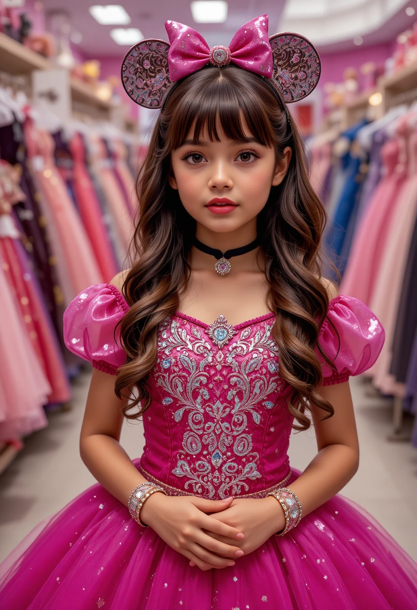 Ragazzina timida in abito rosa di Minnie in una boutique